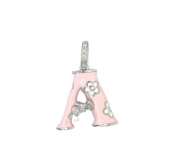 Aaron Basha 18K White Gold Pink "A" Initial Pendant with Diamonds