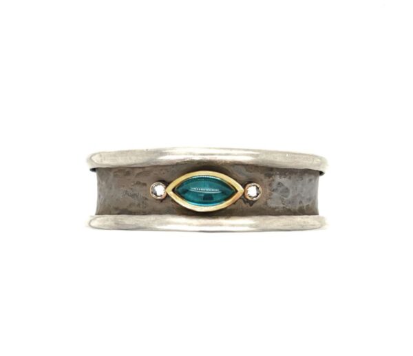 Sterling Silver & 18K Gold Indicolite Diamond Cuff Bangle