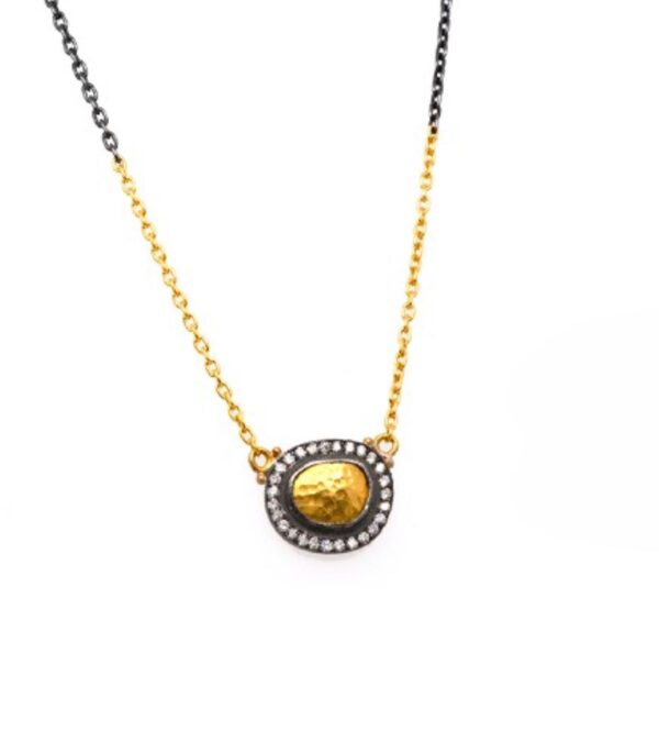 24K/Oxidized Silver Hammered Gold Dome & Diamond Necklace