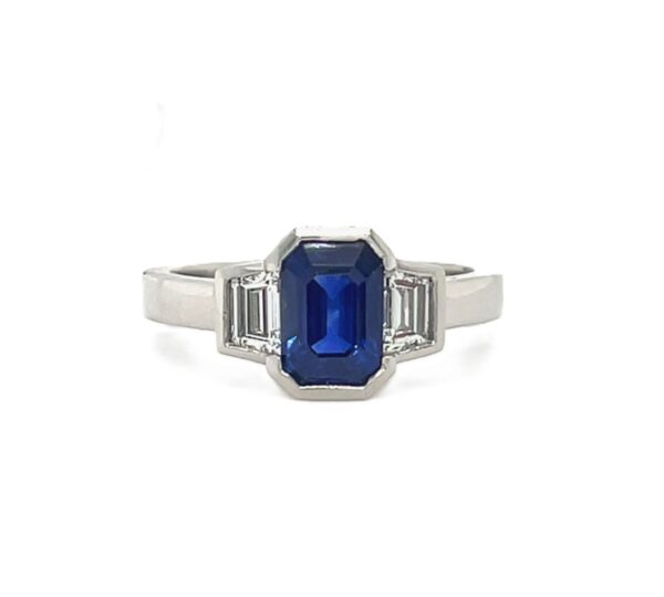 Platinum Emerald-Cut Sapphire & Trapezoid Diamond Ring