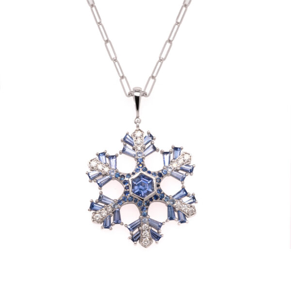 18K White Gold Snowflake Pendant with Hex Sapphire & Diamond Accents