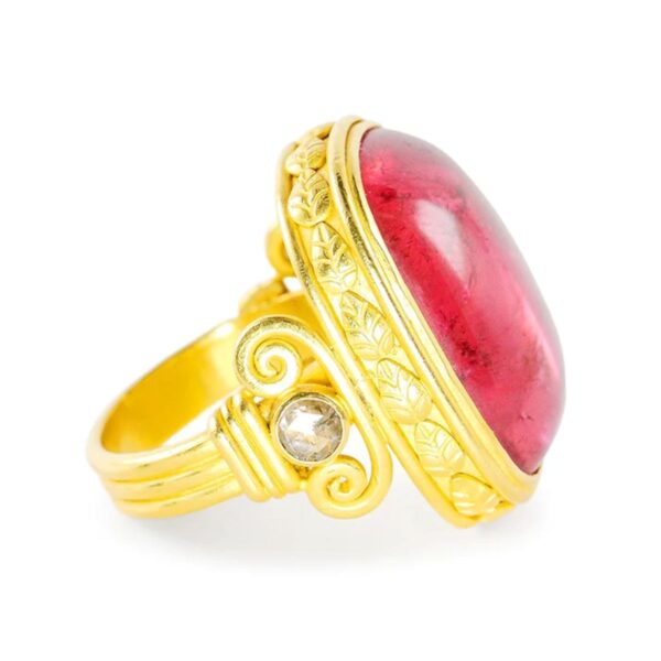 22K Yellow Gold Ring with Rubellite Tourmaline & Diamonds