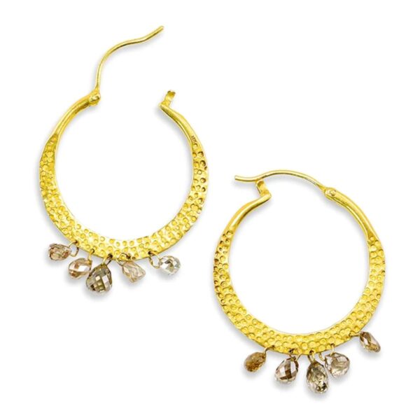 18K Yellow Gold Dangle Hoop Earrings with Cognac Diamonds