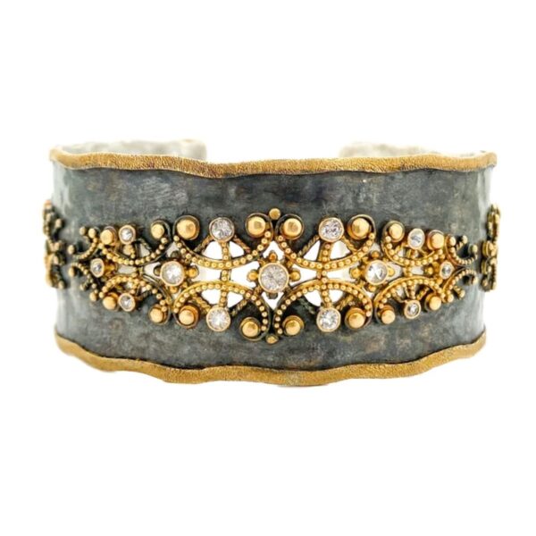 22K Gold Dubrovnik Cuff Bracelet with White Sapphire & Oxidized Silver