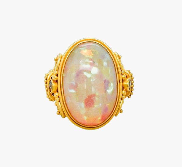 22K/18K Yellow Gold Fleur de Lys Ring with Ethiopian Opal & Diamonds