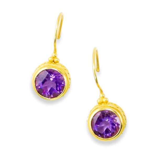 22K Yellow Gold Amethyst Pillbox Spiral Hook Earrings