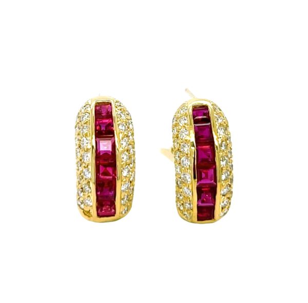 18K Yellow Gold Ruby & Diamond Huggie Earrings